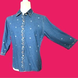 Vintage Floral Embroidered Medium Wash Denim Blue Jean Button‎ Up Shirt -Size PM